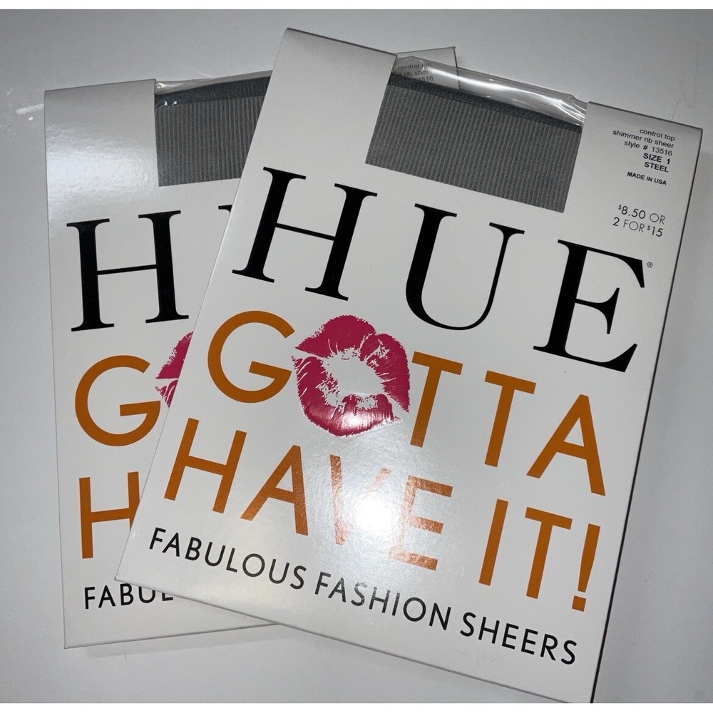 NIP 2 PC HUE Gotta Have It! Control Top Pantyhose Shimmer Rib Sheer Steel Size 1